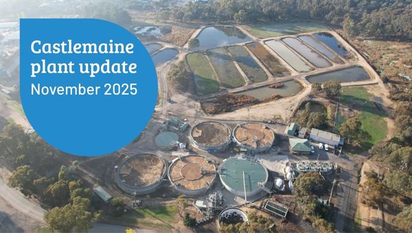 Aerial view of Castlemaine Water Reclamation Plant with text outline saying: "Castlemaine Water Reclamation Plant update November 2025"